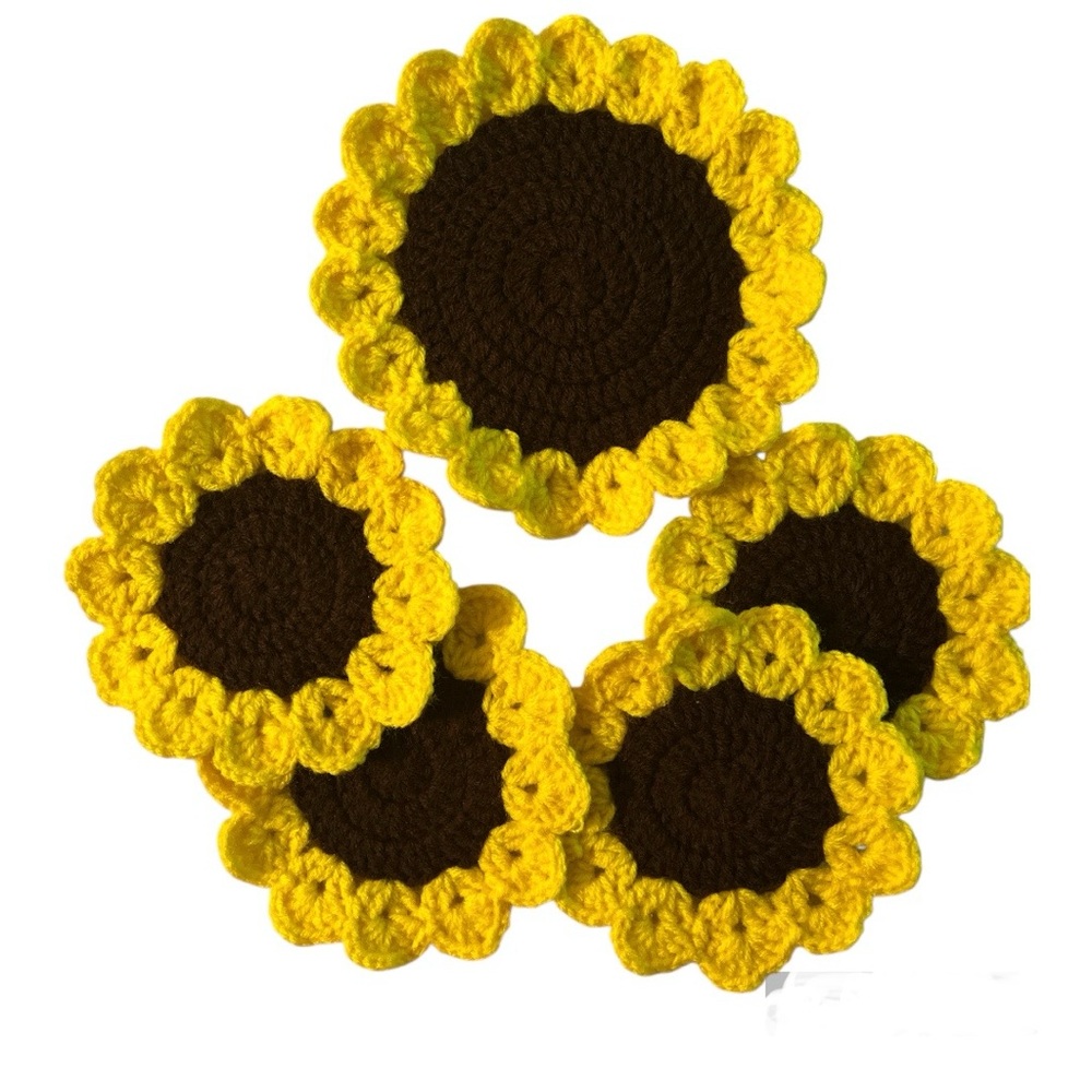 Handmade Crochet Sunflower Coasters | Set of 5 | Mug & Teapot Mats